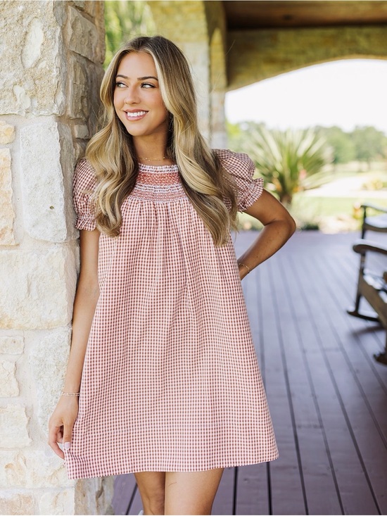 j. marie Dresses & Skirts - NWT J Marie Logan Gingham Smocked Puff Sleeve Mini Dress Burnt Orange S